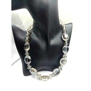 Vintage Smoky Crystal Bead Necklace Faceted Oval Glass Beads Silvertone 20"